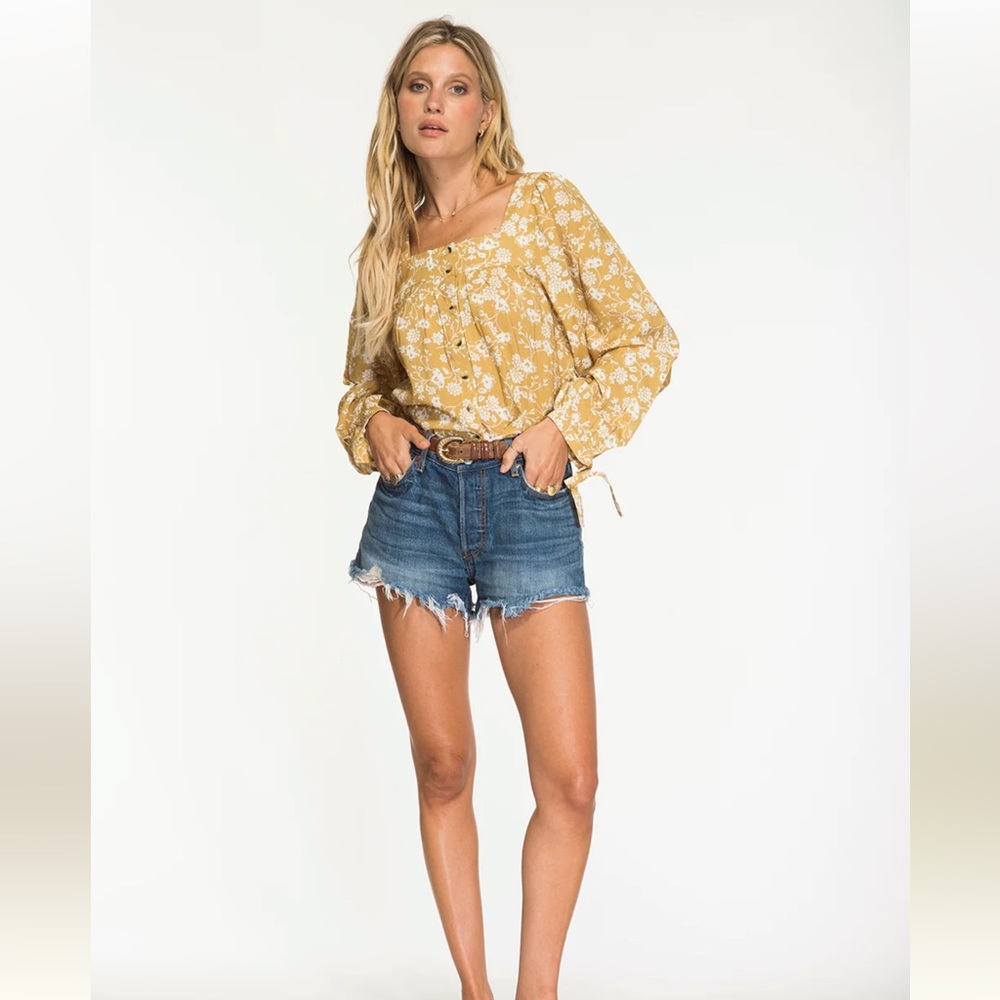NIGHTCAP Anthropologie *Costa* yellow cotton floral square neck button down top